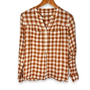 Madewell Linen Blend Gingham Button Down Shirt Terracotta Plaid Long Sleeve